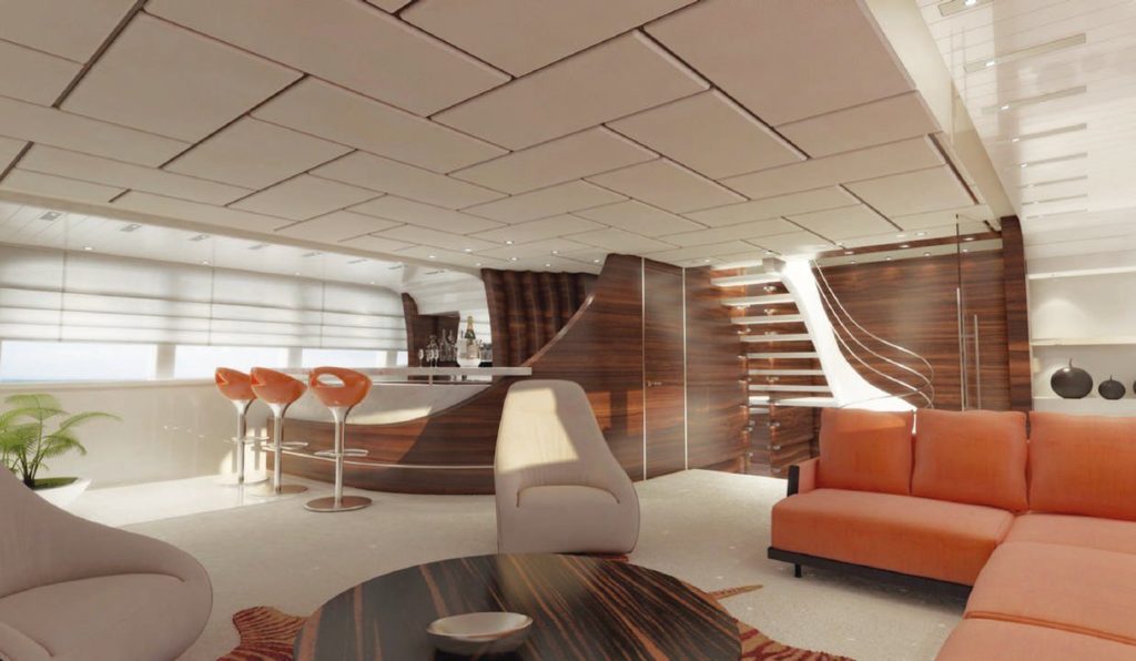 Escalera de madera laqueada con barandas metálicas curvas que suavizan y proporcionan flexibilidad al espacio conformando un elemento más de diseño.