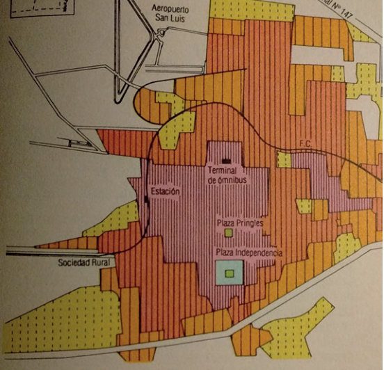 1- Plano de las etapas de crecimiento de la Ciudad de San Luis. (Fuente: Geografía de San Luis de Ricardo Capitanelli,1991)