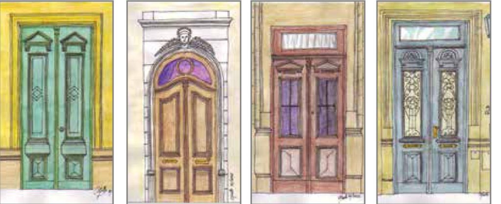 Croquis de distintas puertas de acceso de viviendas chorizo. Fuente: Galería Universal
